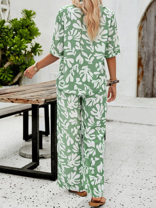 New women's casual fashion printed lapel short - sleeved shirt and trousers vacation suit - Pant Suit